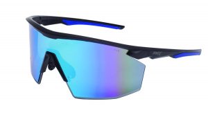 Wraparound safety glasses with black and blue frame, single mirrored shield lens, rubberized nose bridge, curved arms, sport design on white background