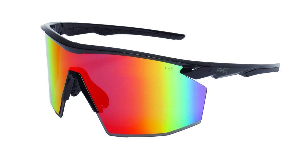 Wraparound safety glasses with black and blue frame, single mirrored shield lens, rubberized nose bridge, curved arms, sport design on white background