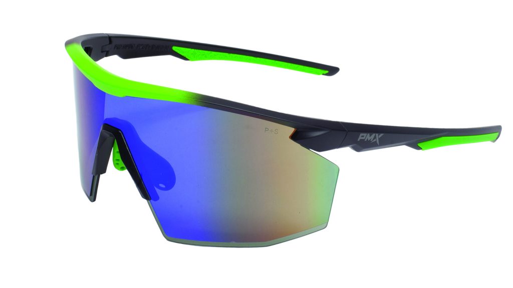 Wraparound safety glasses with black and blue frame, single mirrored shield lens, rubberized nose bridge, curved arms, sport design on white background