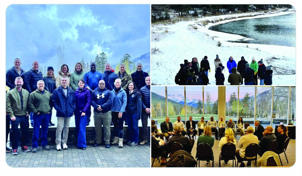 Collage showing a group standing outdoors on a paved area with mountains in background, another group near a snowy riverbank, and an indoor roundtable meeting