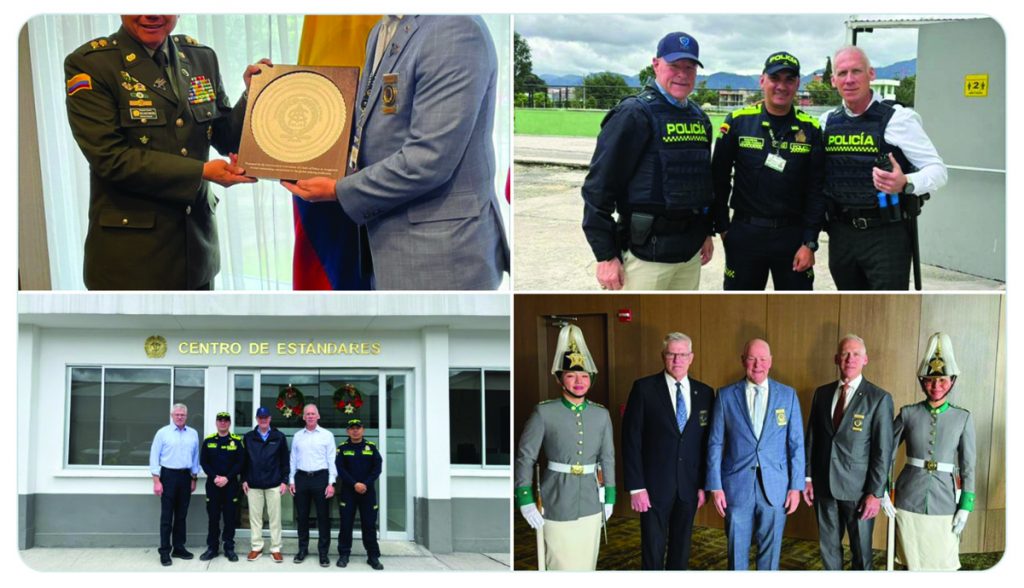 Collage showing officials exchanging a plaque, police officers in tactical gear, a group standing outside the Centro de Estandares, and a formal ceremony with uniformed guards