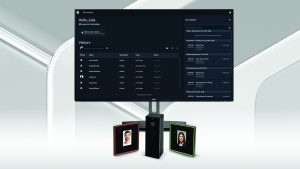 Large monitor displays a digital visitor‑management dashboard with check‑in lists and schedules, mounted above two access terminals and a biometric scanning device on a clean, modern background