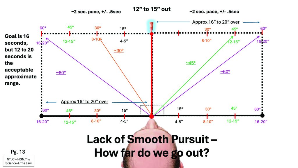 Diagram showing colored angle lines and distance markers around a head graphic, illustrating smooth pursuit eye‑tracking ranges, pacing notes, and target positions