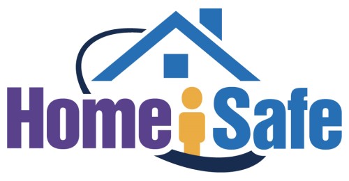 Logo with blue house outline, purple 'Home', orange person icon as 'i', and blue 'Safe'; curved line arcs from roof to 'Safe', symbolizing protection