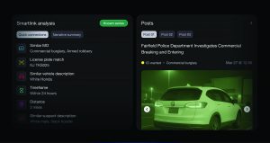 Dashboard showing Smartlink analysis with MO, license‑plate and vehicle matches, alongside posts detailing a commercial burglary and a night image of a white SUV