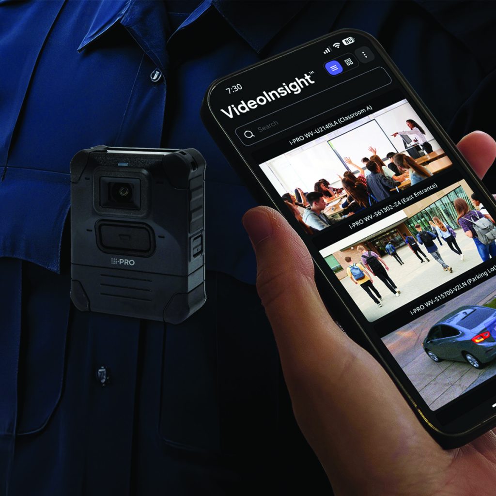 Body camera on police uniform; hand holds smartphone running 'VideoInsight' app with video thumbnails of various scenes, highlighting mobile video access.