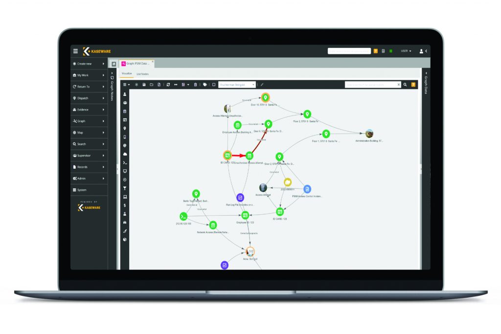 Laptop screen shows complex network diagram with nodes and links representing data relationships; left sidebar displays multiple menu options.