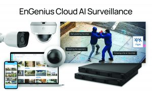 EnGenius Cloud AI Surveillance system with cameras, laptop, smartphone showing footage, and screen detecting street fight using AI recognition