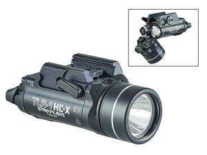 Close-up of a black Streamlight TLR-1 HL-X tactical weapon light with mounting hardware; inset shows rear view with controls and battery compartment