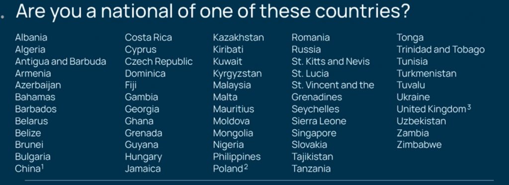 Dark blue panel listing multiple countries in five columns under the heading ‘Are you a national of one of these countries?’ displayed in white text