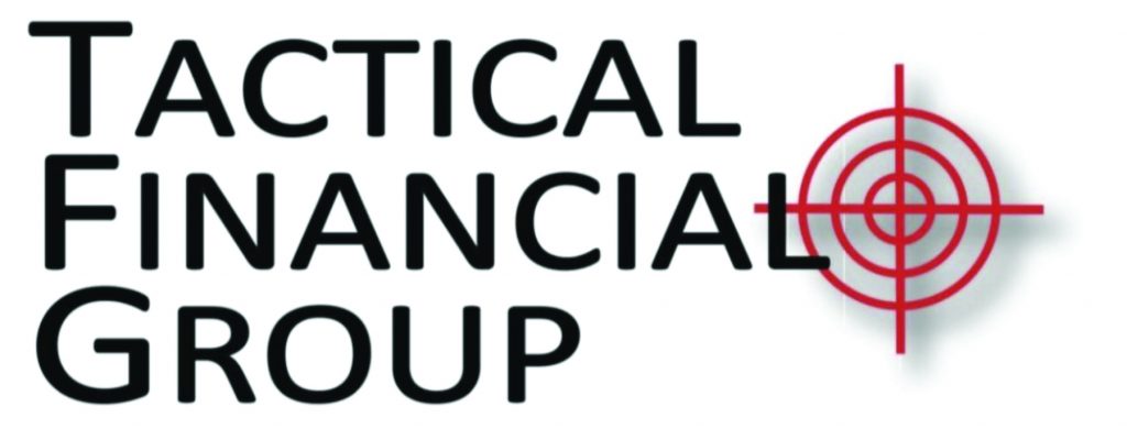 The image shows the logo of Tactical Financial Group. The logo consists of the words "TACTICAL FINANCIAL GROUP" written in bold, black uppercase letters. To the right of the word "GROUP," there is a red target symbol with concentric circles and crosshairs, resembling a scope or aiming reticle. The background is white.