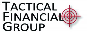 The image shows the logo of Tactical Financial Group. The logo consists of the words "TACTICAL FINANCIAL GROUP" written in bold, black uppercase letters. To the right of the word "GROUP," there is a red target symbol with concentric circles and crosshairs, resembling a scope or aiming reticle. The background is white.