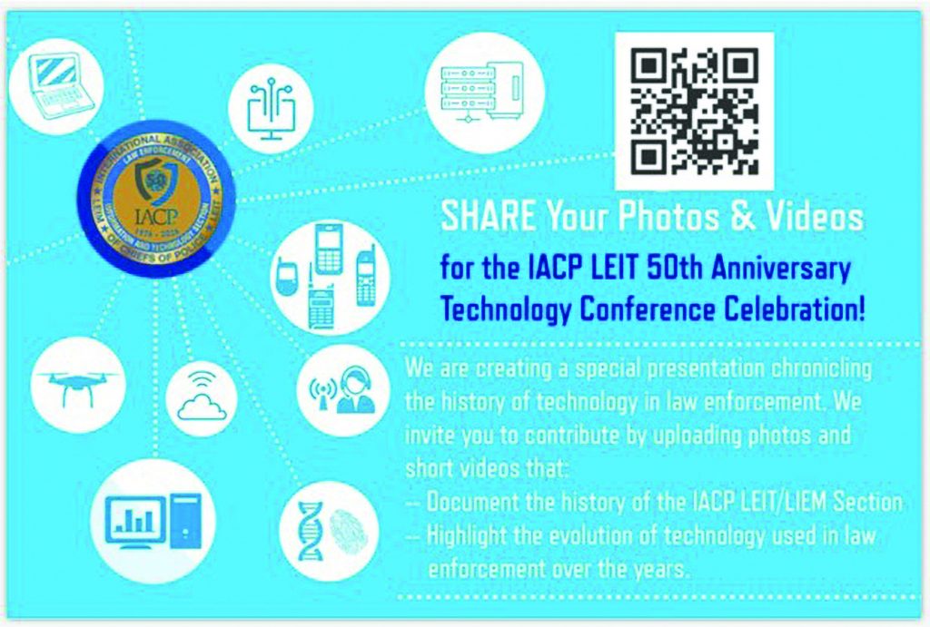 Blue flyer for IACP LEIT 50th Anniversary Tech Conference; QR code, tech icons, and invite to share photos/videos from the celebration