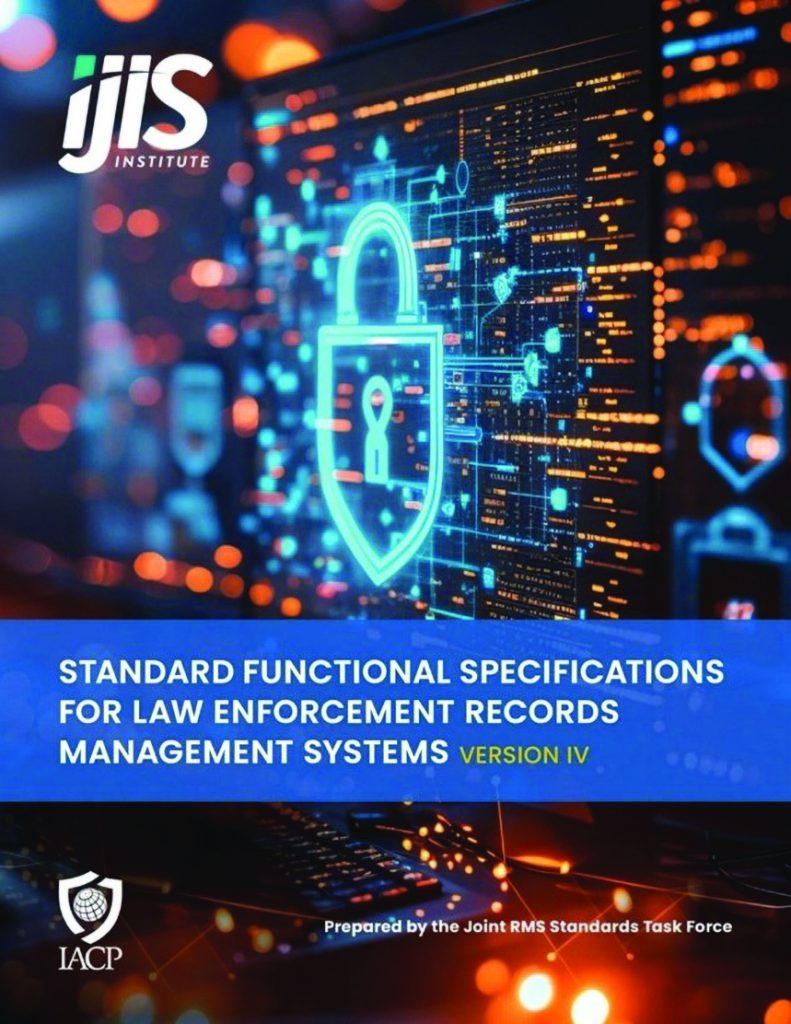 Cover of IJIS Institute report featuring a glowing digital padlock graphic on a circuit board background with text on law enforcement records management standards