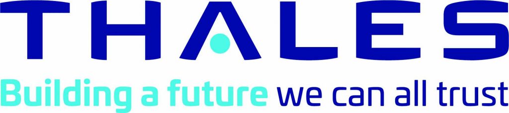 THALES logo in bold blue uppercase letters above teal and blue slogan ‘Building a future we can all trust’ on a white background with minimalist layout