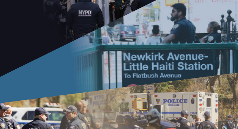 Collage of NYPD counterterrorism operations showing officers at security checkpoints, patrols near Newkirk Avenue–Little Haiti Station, a Bomb Squad vehicle, emergency responders, city streets, crowds, and layered blue graphic panels