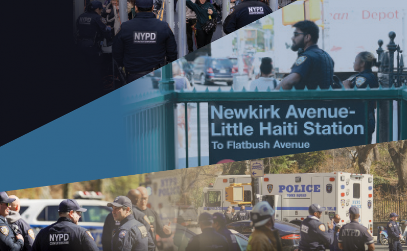 Composite image shows NYPD Counterterrorism operations, including officers at security checkpoints, patrol activity near Newkirk Avenue–Little Haiti Station, a Bomb Squad vehicle, emergency personnel, city streets, crowds, fencing, and layered blue graphic overlays connecting multiple urban security scenes