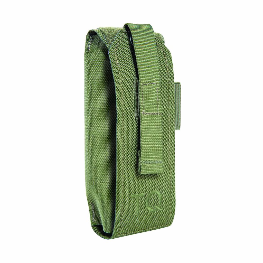 Green nylon tourniquet pouch with hook and loop flap, retention strap, stitched seams, belt attachment, embossed TQ marking, isolated white bg image!