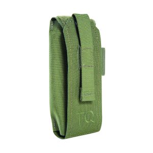 Green nylon tourniquet pouch with hook and loop flap, retention strap, stitched seams, belt attachment, embossed TQ marking, isolated white bg image!