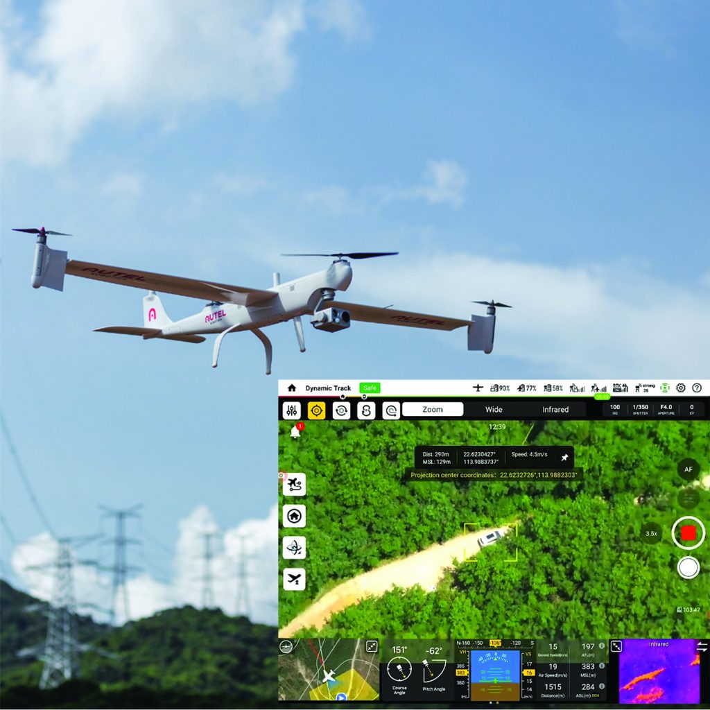 Drone labeled 'PILOT' flies near power lines; screen below shows aerial view of forested area with vehicle on dirt road from drone’s camera feed