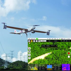 Drone labeled 'PILOT' flies near power lines; screen below shows aerial view of forested area with vehicle on dirt road from drone’s camera feed