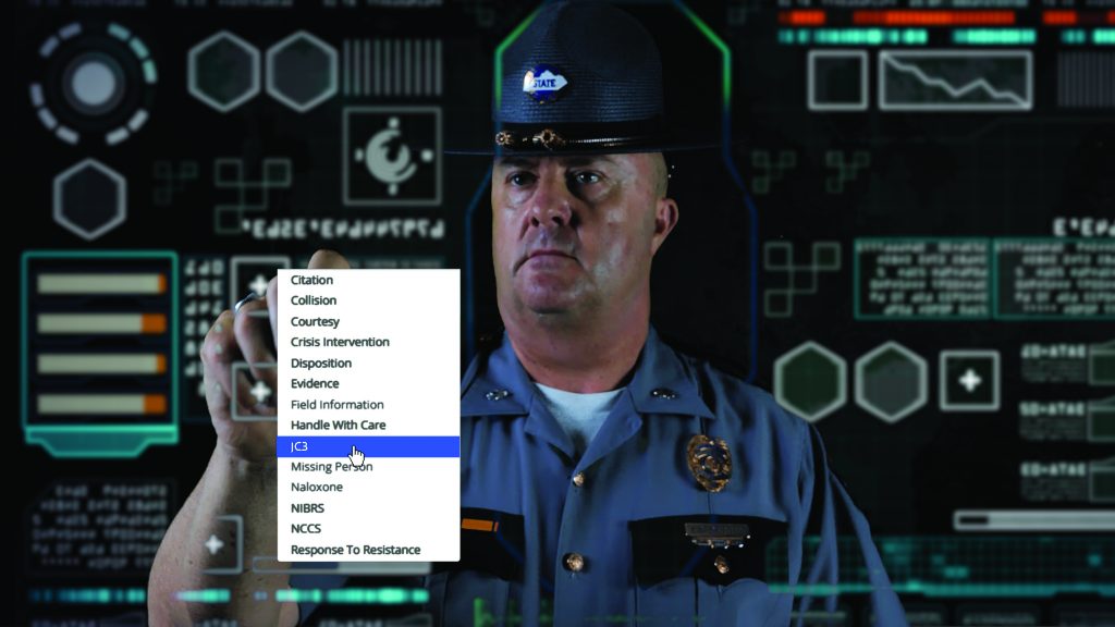 Law enforcement officer in uniform interacts with a digital interface showing futuristic graphics and a dropdown menu listing options like citation, evidence, IC3