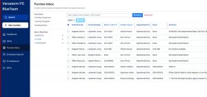 Screenshot of the Versaterm BlueTeam Purview Inbox showing incident review workflows, searchable case lists, routing columns, use‑of‑force entries, and dashboard navigation tools