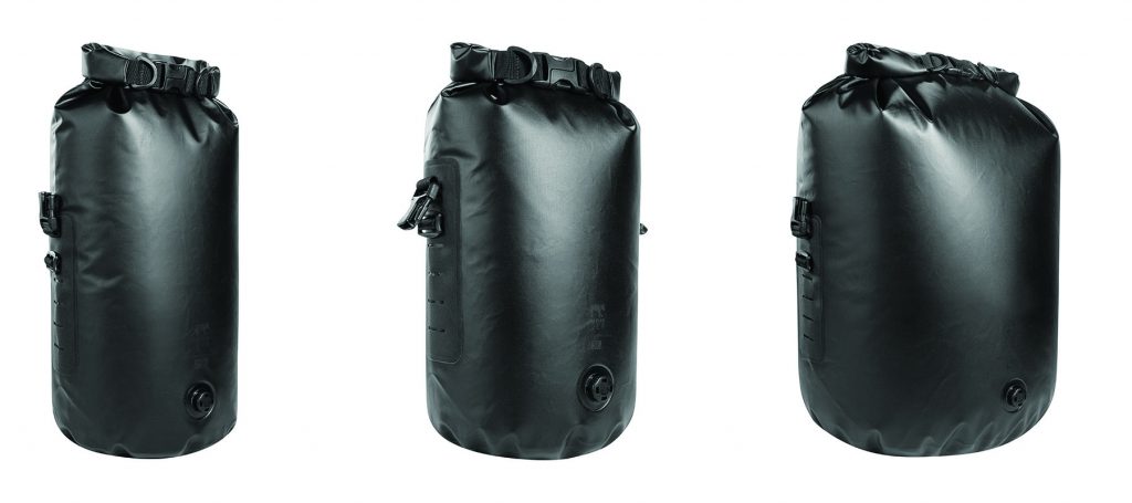 Three black waterproof dry bags with roll-top closures, buckles, and bottom air-release valves displayed side by side in small, medium, and large sizes