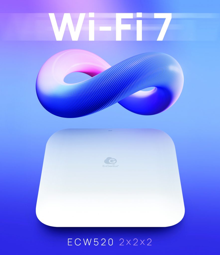 Wi-Fi 7 ad with white EnGenius ECW520 device (2x2x2 config) below blue-pink infinity symbol, highlighting advanced wireless speed and connectivity.