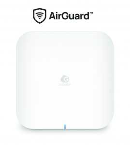 A white square wireless access point labeled EnGenius is shown on a plain background with a small blue indicator light below and the AirGuard logo displayed above.