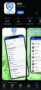 IACP app in App Store with 5-star rating, age 4+, productivity tag; screenshots show news, messages, social links, events, and member directory
