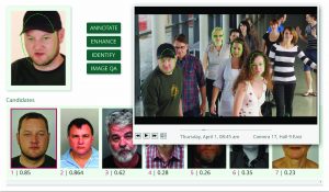 Facial recognition interface showing live video feed of people walking in a hallway, candidate match thumbnails with confidence scores, and action buttons