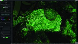 Green fingerprint on dark background with digital interface showing editing tools and color options on left; scene suggests forensic image analysis