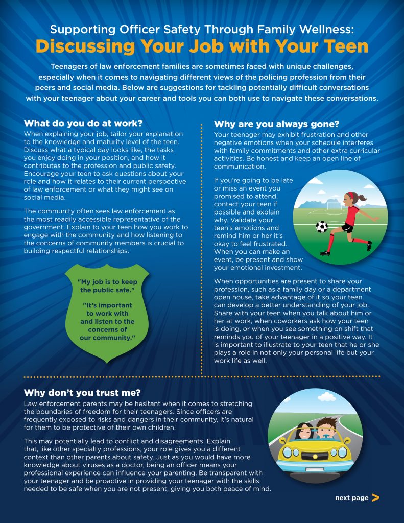 The image is a page from a magazine titled "Supporting Officer Safety Through Family Wellness: Discussing Your Job with Your Teen." The background is dark blue with light blue and white text. There are three main sections, each with an illustration. Top Section: Title in yellow and white text. Subtitle in white text explaining the importance of discussing job-related challenges with teens. Middle Section (Three Columns): First Column: Heading: "What do you do at work?" Text explaining how to discuss job responsibilities and tools used at work. Illustration of a police officer talking to a teenager, both smiling. Second Column: Heading: "Why are you always gone?" Text about explaining the demands of the job and its impact on family time. Illustration of a teenager playing soccer while thinking about their parent working as an officer. Third Column: Heading: "Why don't you trust me?" Text addressing concerns about safety and trust between officers and their teens. Illustration of a police car with two people inside, one driving and one in the passenger seat. Bottom Section: Yellow arrow pointing to the right with text "next page." This image shows a magazine page providing guidance for law enforcement professionals on how to discuss their job challenges with their teenagers, emphasizing family wellness and safety.