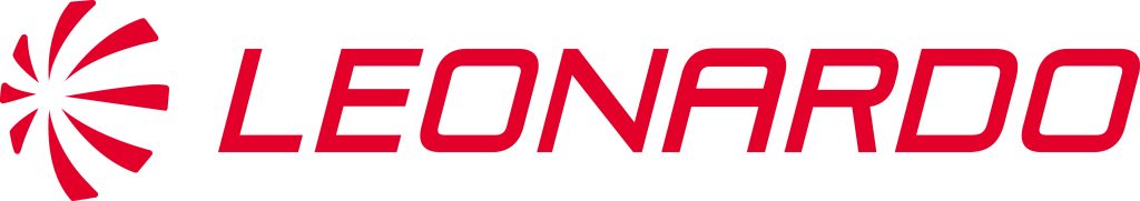 Red stylized logo with curved lines forming circular pattern on left; bold uppercase red text 'LEONARDO' displayed on right against white background