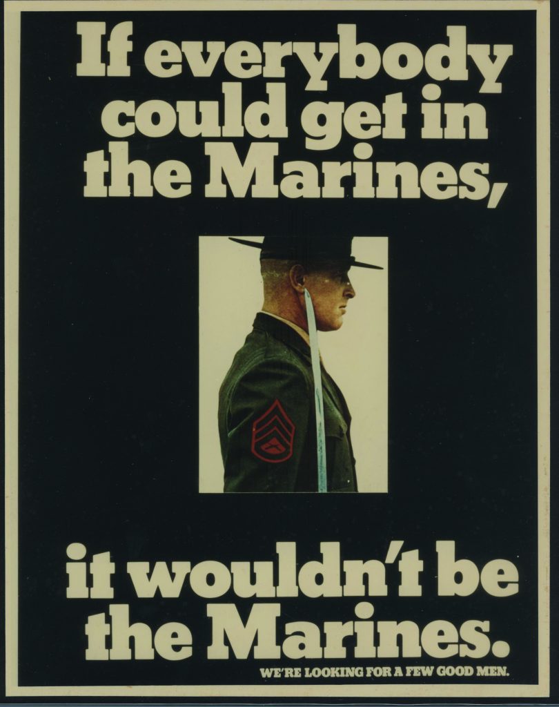 Marine Corps recruitment poster with bold white text on black, Marine in uniform with red chevron patch, and slogan: 'We're looking for a few good men.