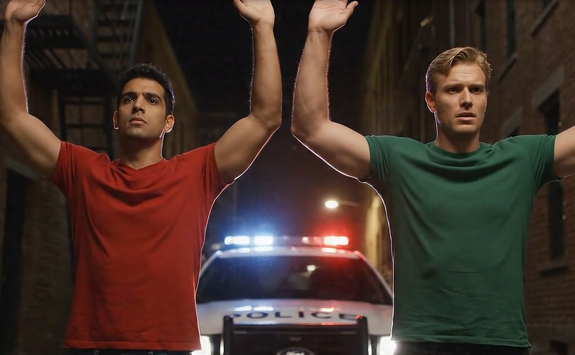 Two individuals in red and green shirts stand with raised hands in dim alley lit by flashing police lights; patrol car visible behind them