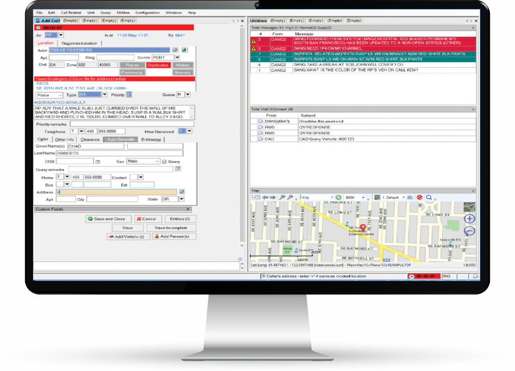 Computer screen shows law enforcement dispatch system with call entry, incident details, query results, and map pinpointing incident location